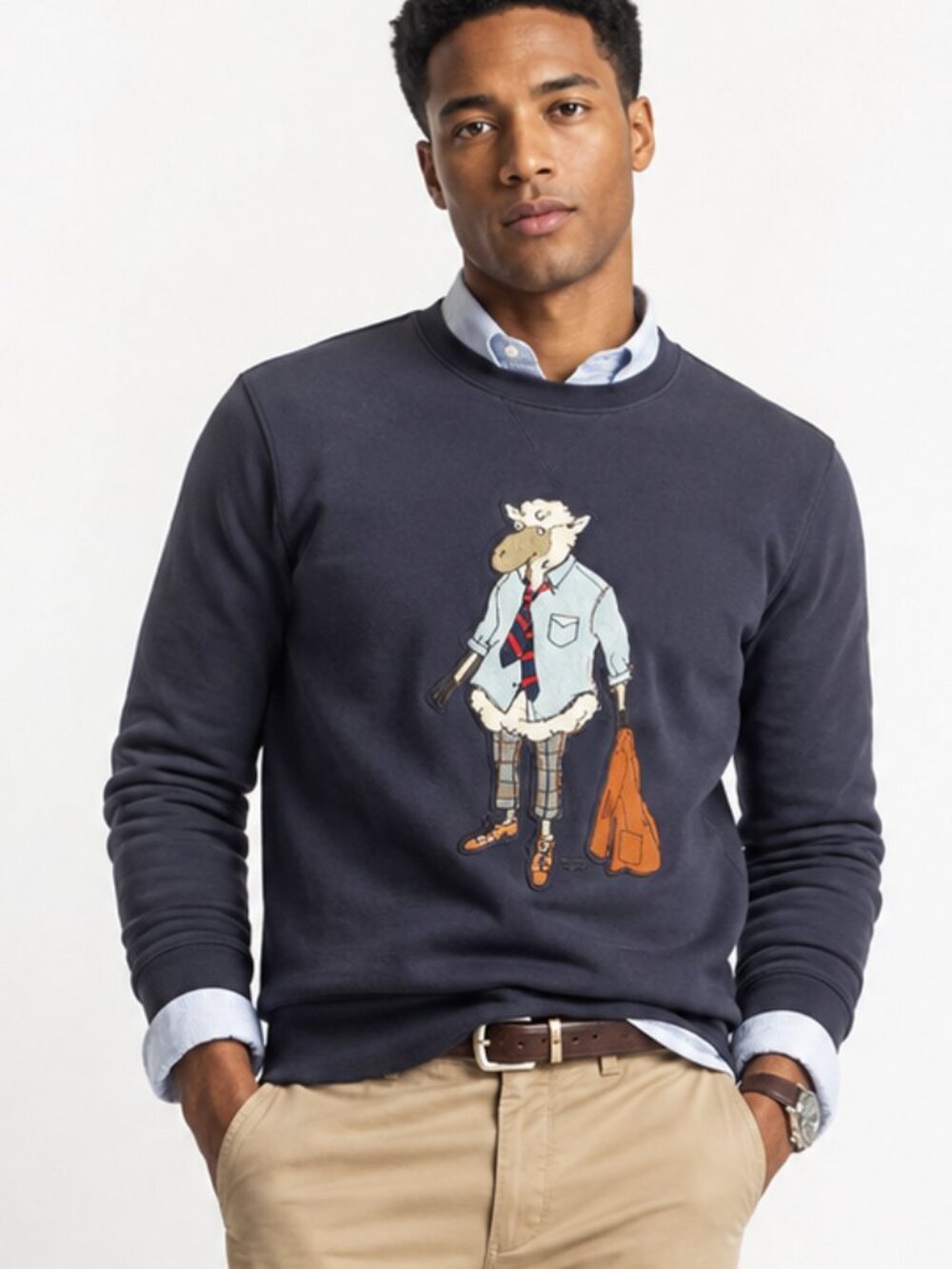 Brooks Brothers Navy Crewneck Sweatshirt Golf Sheep Graphic 100% Cotton Mens LG